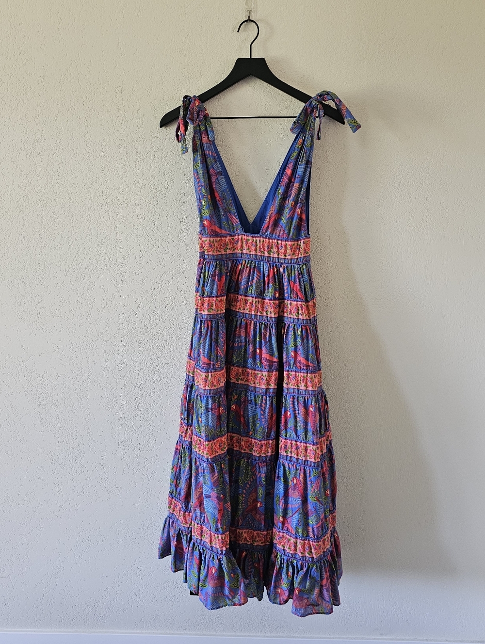 Farm Rio Blue Macaw Tie Shoulder Tiered Midi Dress - Picture 6 of 12